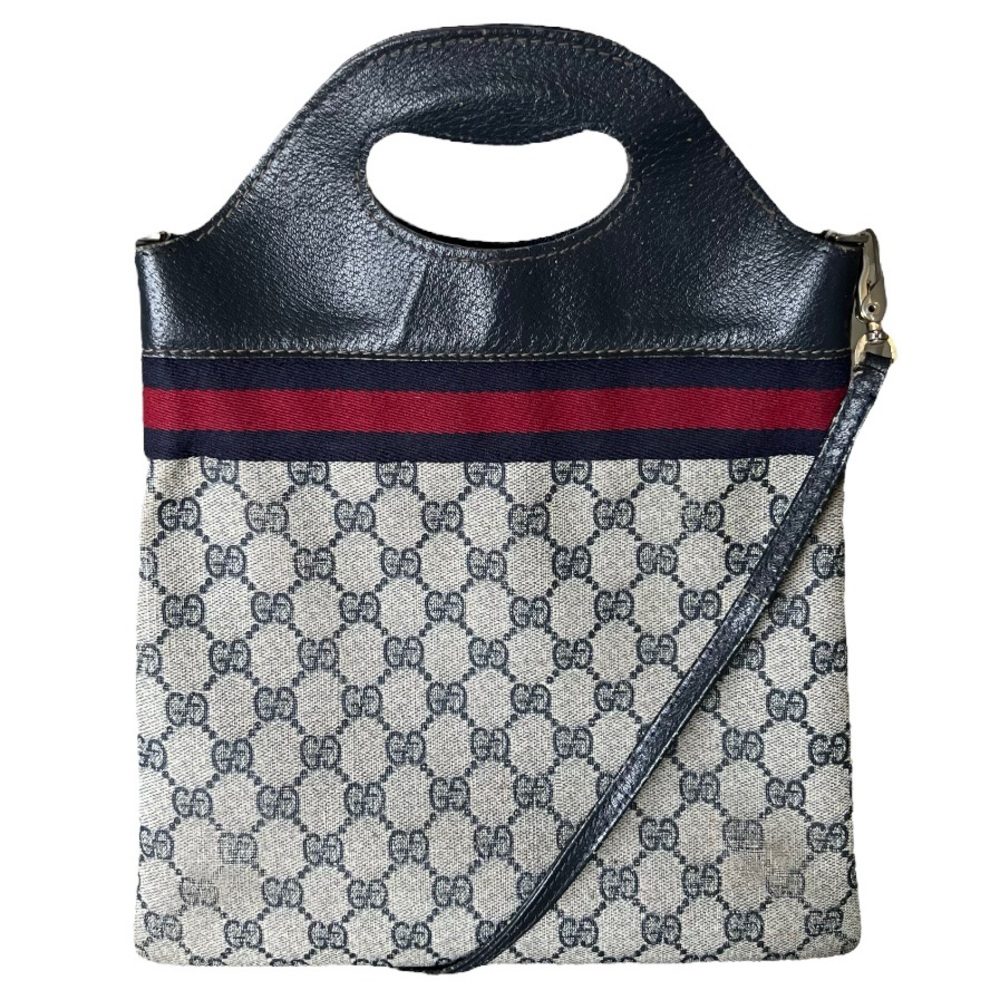 Gucci • RARE Vintage GG Web Monogram Navy PVC Leather Purse Tote Bag Handbag - Picture 5 of 16